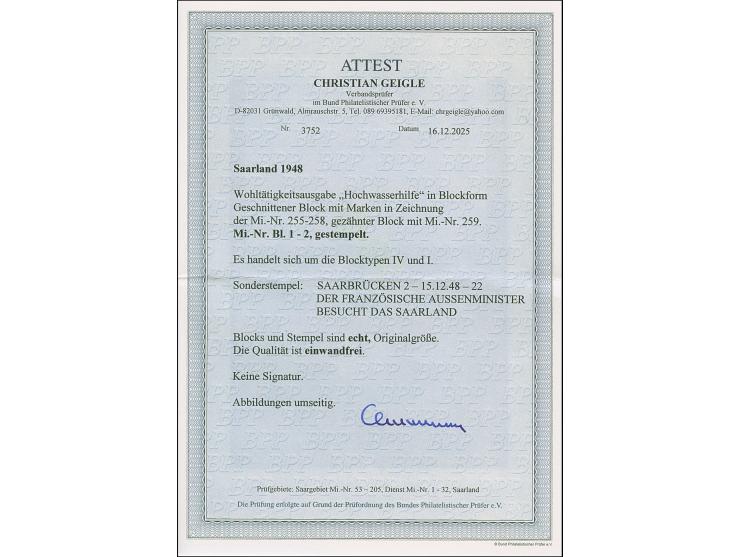 Hochwasser-Blockpaar mit Sonderstempel "DER FRANZÖSISCHE AUSSENMINISTER BESUCHT DAS SAARLAND 15. 12. 48." Tadellos. Fotoattes