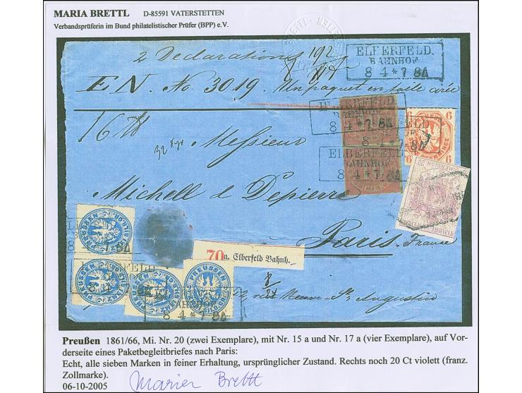 10 Sgr. rosa im &nbsp;Paar (links übliche Scherentrennung) mit 6 Pfg. orange und vier Einzelwerten 2 Sgr. ultramarin (zwei We