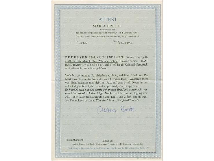 1864, AMTLICHER NEUDRUCK DER PREUSSISCHEN POSTVERWALTUNG : 3 Sgr. auf gelbem Papier ohne Wasserzeichen, voll- bis breitrandig