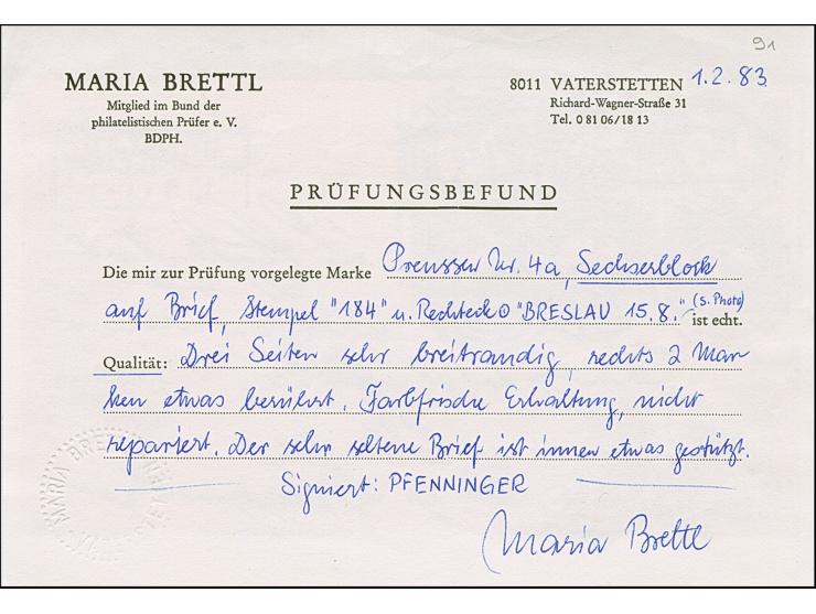4 Pfg. grün im senkrechten 6er-Block, die mittlere Marke rechts leicht angeschnitten und die darunter liegende Marke oben lei