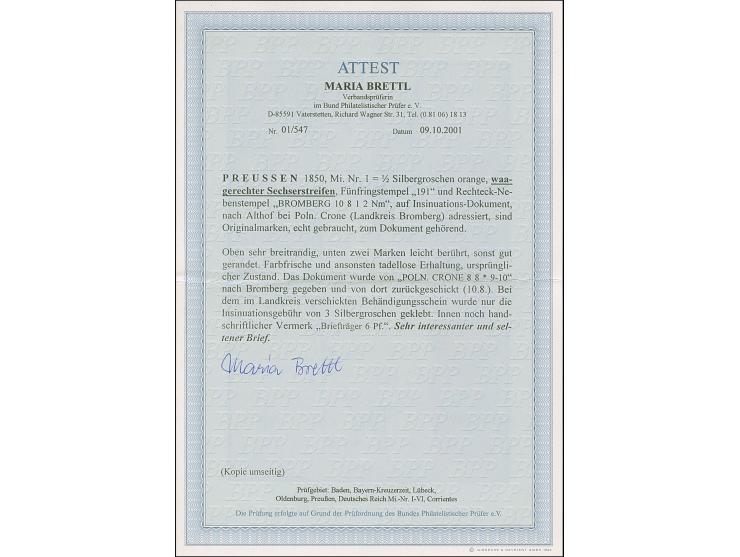 ½ Sgr.&nbsp; orange im waagerechten 6er-Streifen, farbfrisch, 2 Werte unten leicht berührt, sonst voll- bis breitrandig, mit 