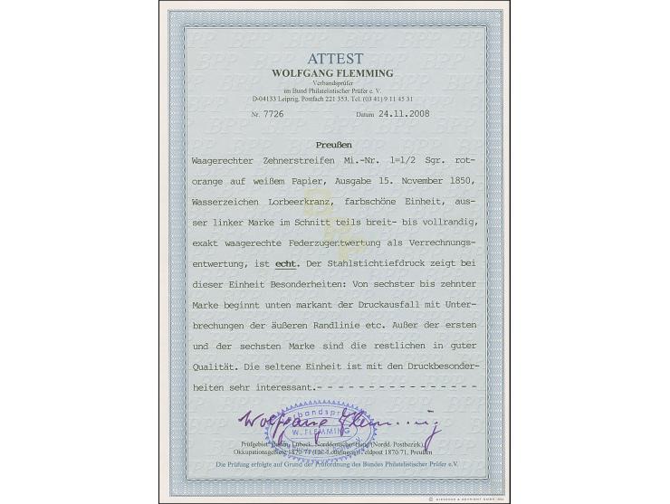 ½ Sgr. orange im waagerechten 10er-Streifen, die 4 rechten Werte mit Druckausfall in der unteren Randlinie, farbfrisch, der l