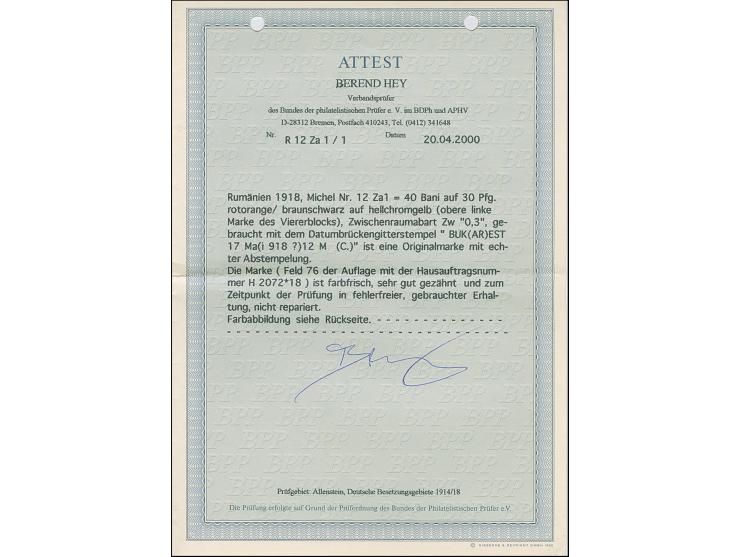 1918, 40 bani auf 30 Pfennig, Viererblock, dabei die linke obere Marke mit Zwischenraumabart, sauber gestempelt, tadellos, Fo