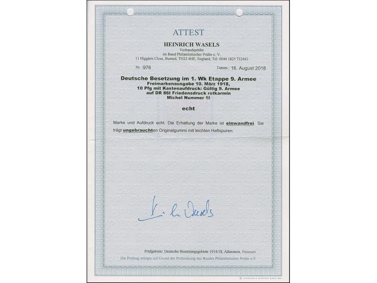 1918, Gültig 9. Armee, Germania 10 Pfennig rotkarmin Friedensdruck, sauber ungebraucht, tadellos, eine sehr seltene Marke, Fo