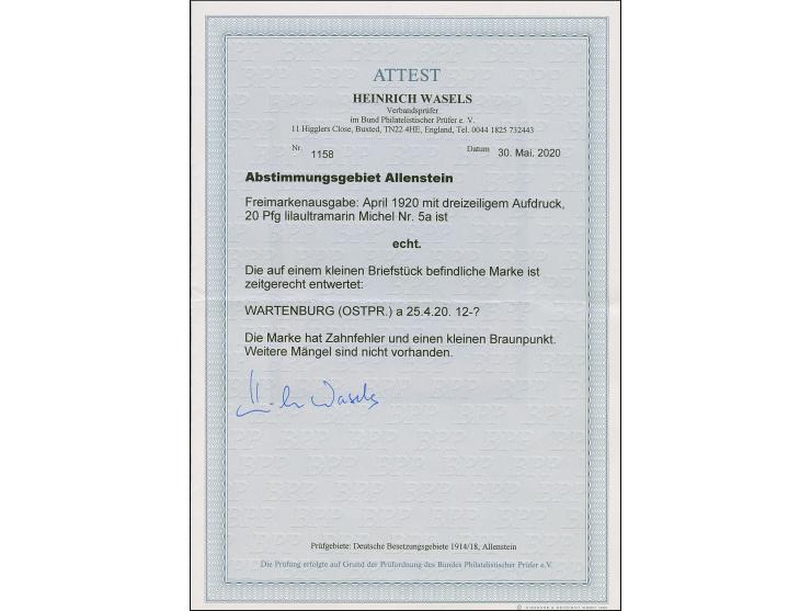 1920, Aufdruckausgabe Germania 20 Pfennig lilaultramarin, farbfrisch, sauber mit Stempel “WARTENBERG” auf kleinem Briefstück,