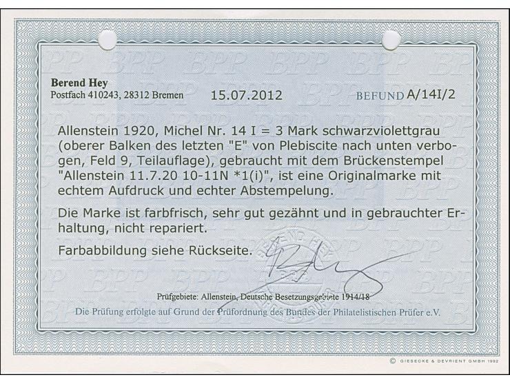 1920, Aufdruckausgabe Germania 3 Mark mit Aufdruckfehler “oberer Balken des letzten E von Plebiscte nach unten verbogen”, sau