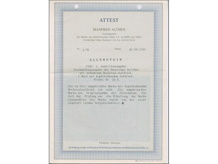 1920, Aufdruckausgabe im Hochoval 1 Mark mit kopfstehendem Aufdruck, sauber ungebraucht, tadellos, eine seltene Marke, Fotoat