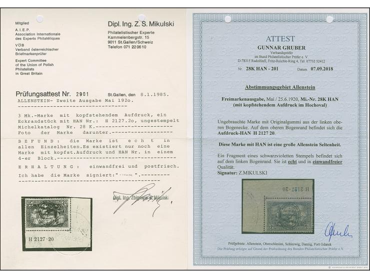 1920, Aufdruckausgabe im Hochoval 3 Mark mit kopfstehendem Aufdruck, aus der rechten unteren Bogenecke mit Aufdruck-HAN “H 21