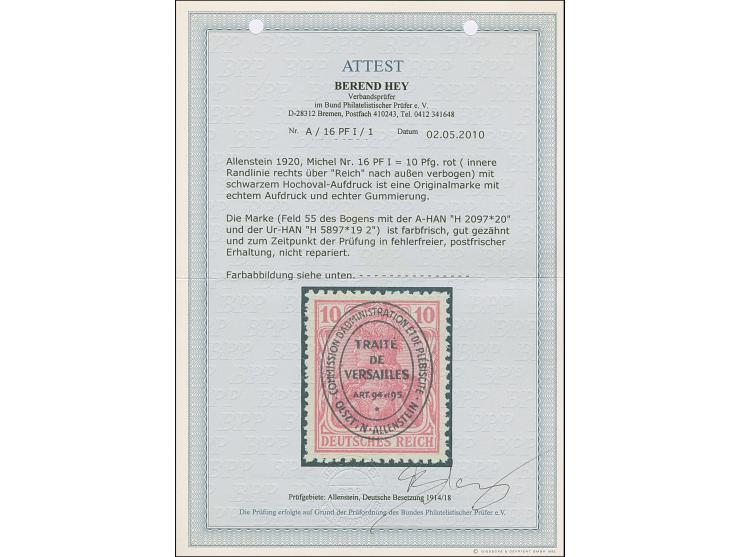 1920, Aufdruckausgabe im Hochoval Germania 10 Pfennig rot mit Urmarkenplattenfehler “innere Randlinie rechts über Reich nach 