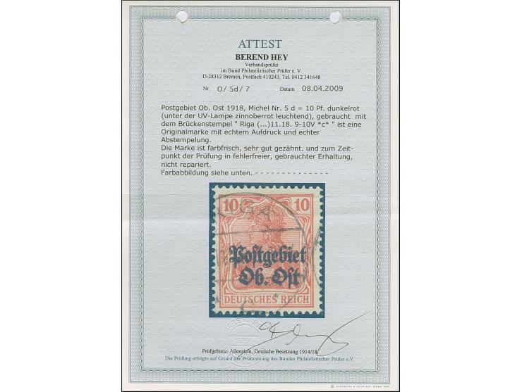 1916, Germania 10 Pfennig dunkelrot, farbfrisch und hervorragend gezähnt, sauber mit Stempel “RIGA 11.18 9-10V.” entwertet, t