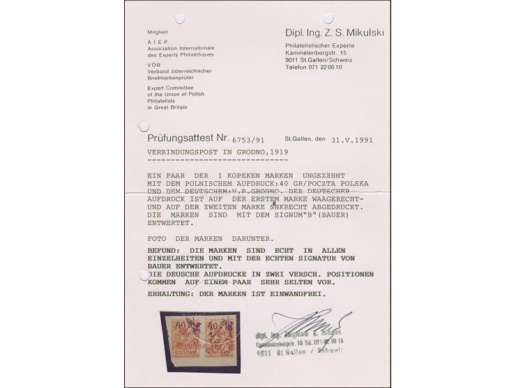 1919, 40 Gr. auf 1 Kop. orange, waagerechtes Paar, dabei der deutsche Aufdruck auf der linken Marke normal waagerecht, auf de