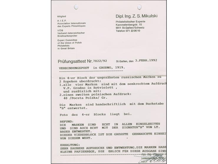 1919, 40 Gr. auf 2 Kop. graugrün, Viererblock, farbfrisch und allseits breitrandig geschnitten mit rechtem Bogenrand, sauber 