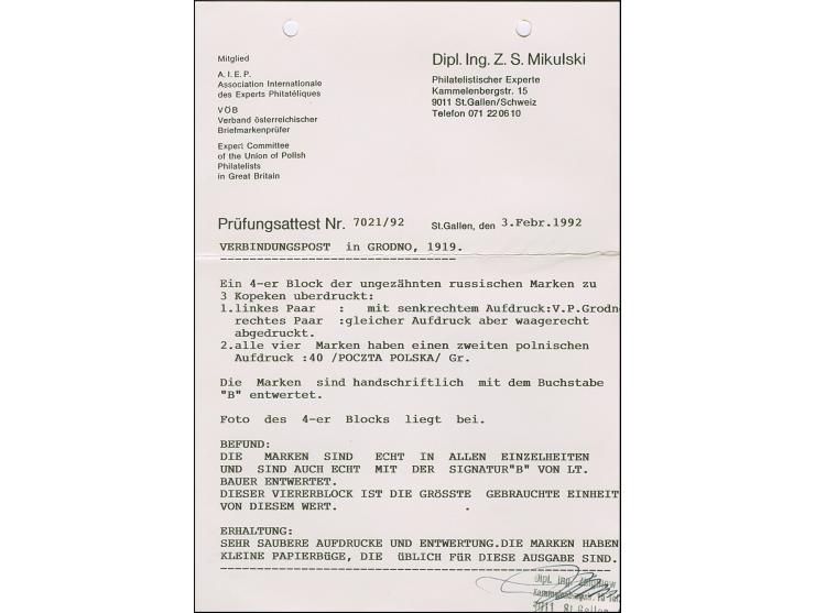 1919, 40 Gr. auf 3 Kop. dunkelrosa, Viererblock aus der rechten oberen Bogenecke, farbfrisch und allseits breitrandig geschni