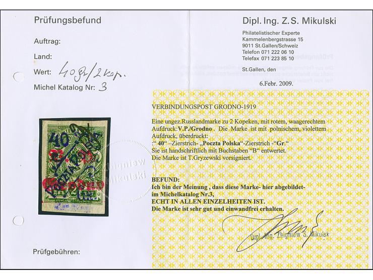 1919, 40 Gr. auf 2 Kop. graugrün, farbfrisch und allseits voll- bis breitrandig geschnitten, sauber handschriftlich mit “B” (