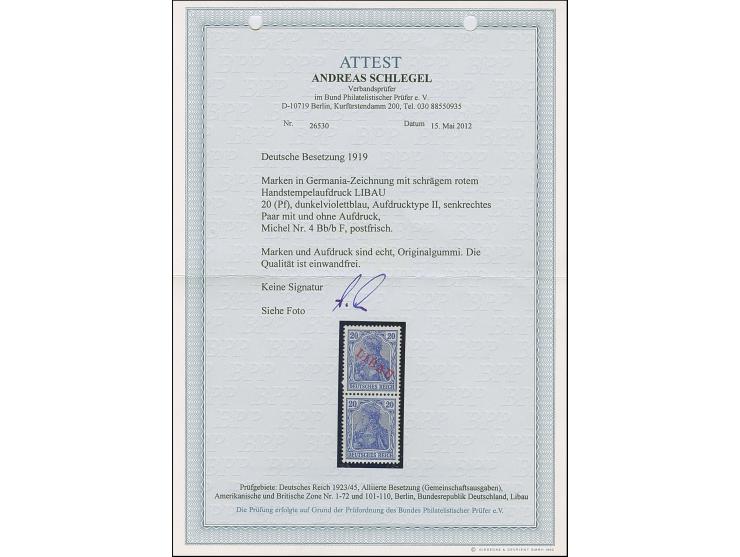 1919, Aufdrucktype II: Germania 20 Pfennig dunkelviolettblau mit rotem Aufdruck, senkrechtes Paar, dabei die untere Marke ohn