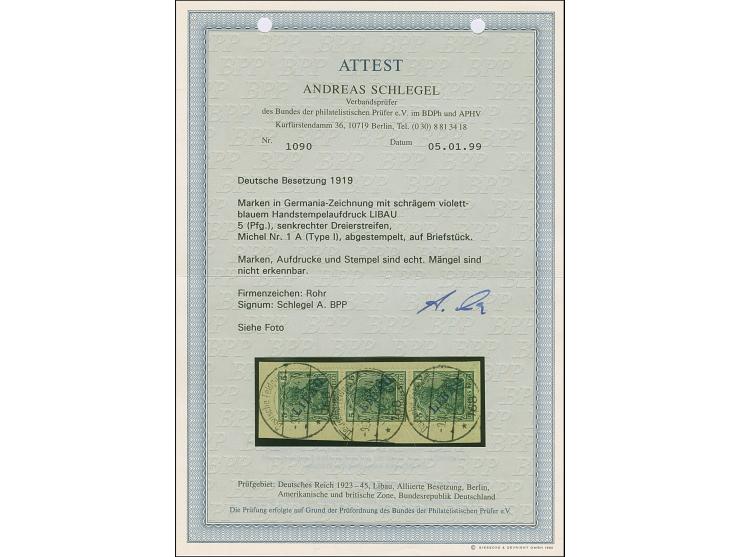 1919, Aufdrucktype I: Germania 5 Pfennig schwärzlichbläulichgrün, senkrechter Dreierstreifen, farbfrisch und gut gezähnt, sau