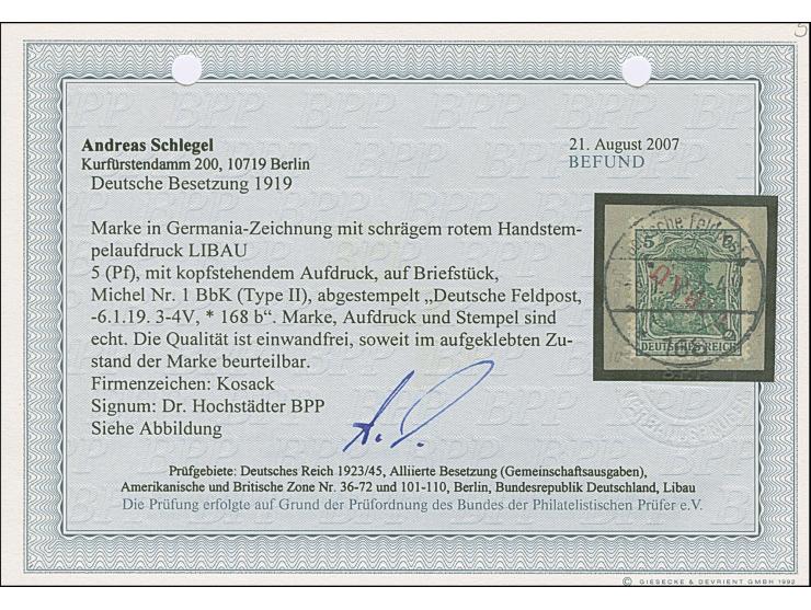 1919, Aufdrucktype II, roter Aufdruck: Germania 5 Pfennig schwärzlichbläulichgrün, kopfstehender Aufdruck, farbfrisch und gut
