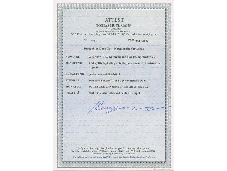 1919, Aufdrucktype II, violettblauer Aufdruck: Germania 5-50 Pfennig, dabei 20 Pfennig in beiden Farben, je farbfrisch und gu