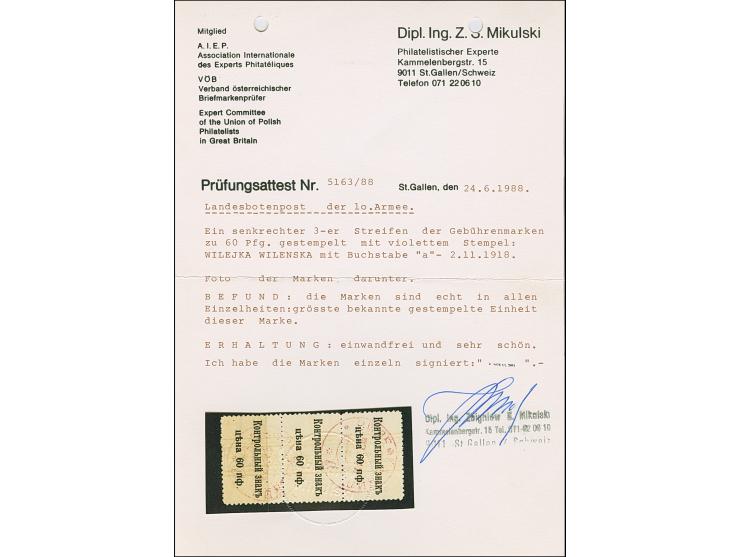 1918, Gebührenmarke 60 Pfennig schwarz, senkrechter Dreierstreifen, farbfrisch und gut gezähnt, sauber mit violettem Stempel 