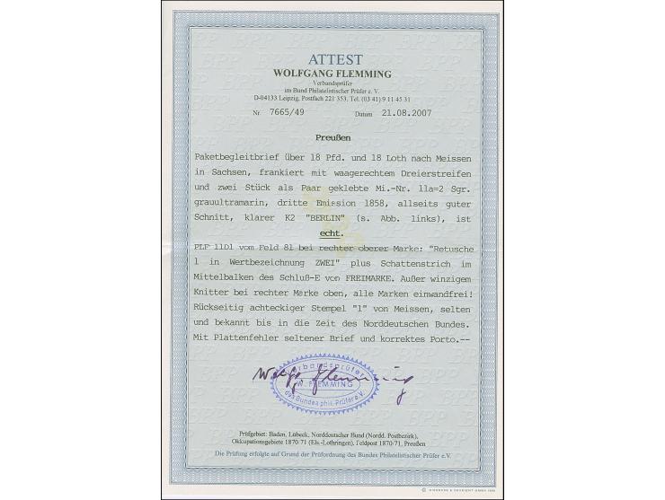 2 Sgr. blau, waagerechter Dreierstreifen und 2 Einzelwerte, davon einer mit Plattenfehler 'I nach links geneigt', alle voll- 