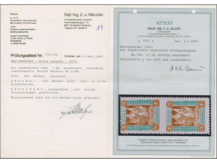 1920, 1. Mailänder Ausgabe 1 Mark im senkrechten Paar, mittig ungezähnt, postfrisch, tadellos, sehr selten, unsigniert mit Fo