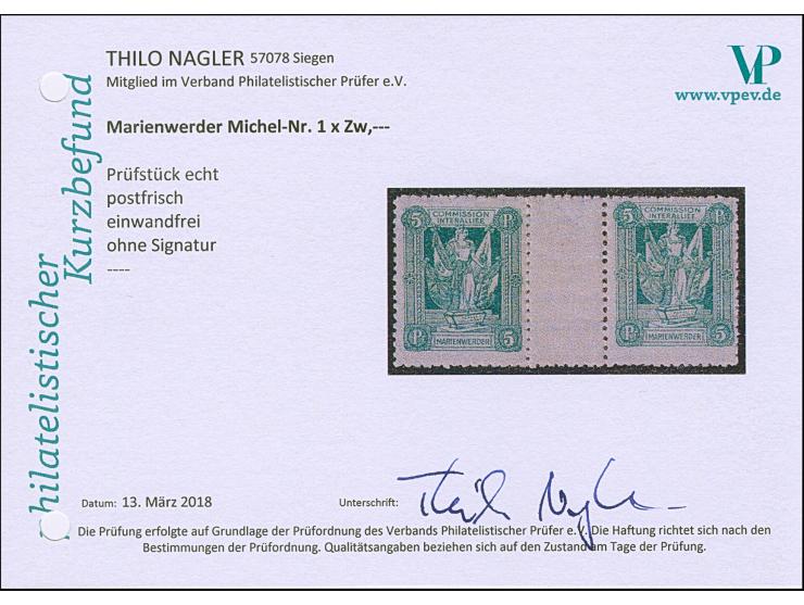 1920, 1. Mailänder Ausgabe 5 Pfennig opelgrün im waagerechten Zwischenstegppar, postfrisch, tadellos