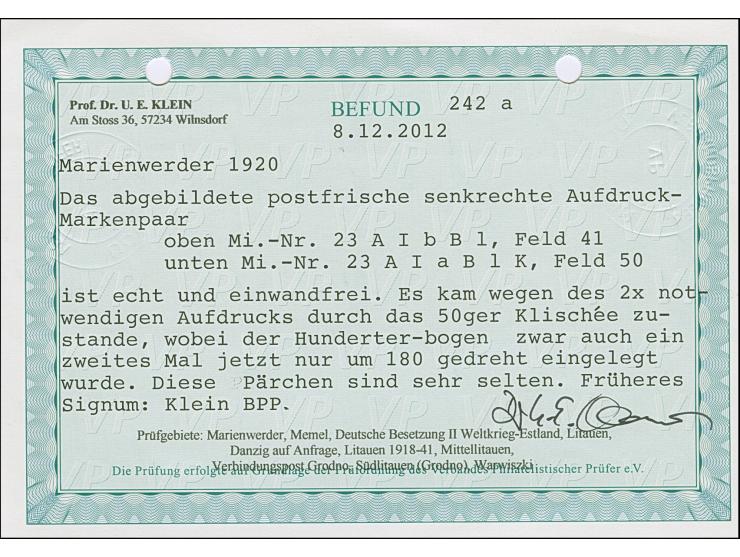 1920, Germania 2 Mark auf 2½ Pfennig, senkrechtes Kehrdruckpaar mit den Aufdrucktypen AIbBI sowie kopfstehend AIaBI, Druckfel