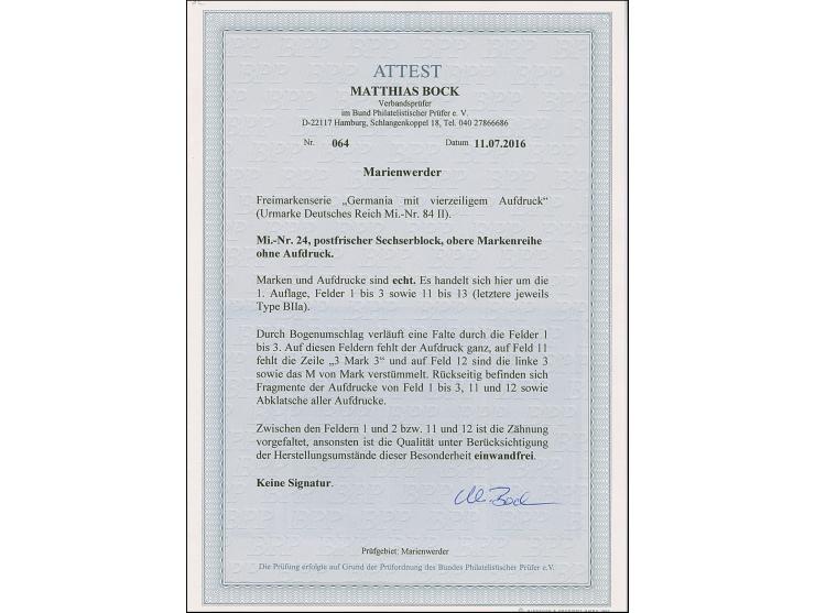 1920, Germania 3 Mark auf 3 Pfennig, 6er-Block mit linkem Seitenrand, Bogenfelder 1-3 und 11-13, durch Bogenumschlag die ober