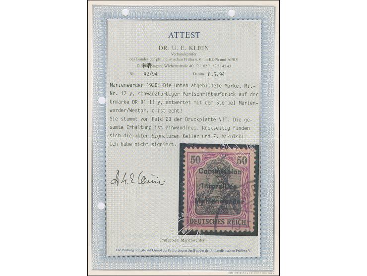 1920, Germania 50 Pfennig auf orangeweißem Papier, Aufdruckplatte VII, Feld 23, farbfrisch und gut gezähnt, sauber gestempelt