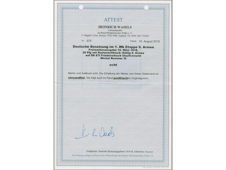 1918, Gültig 9. Armee, Germania 20 Pfennig hellblauviolett, Friedensdruck, linkes Seitenrandstück, farbfrisch und gut gezähnt