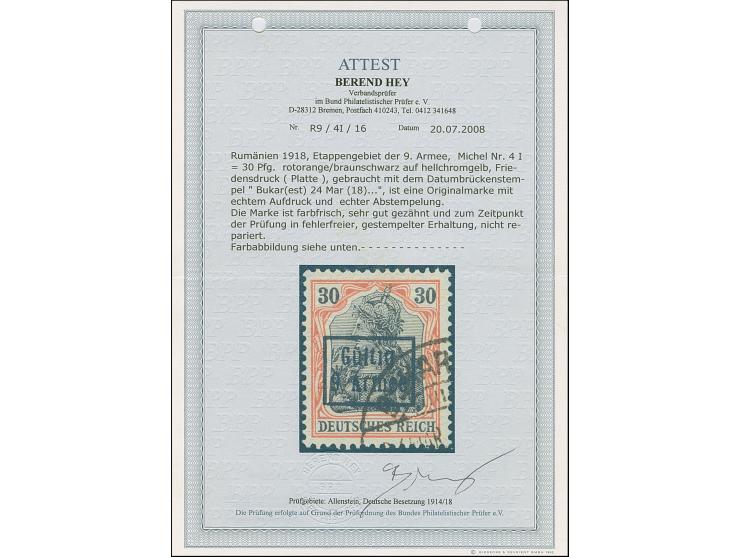 1918, Gültig 9. Armee, Germania 30 Pfennig rotorange/braunschwarz auf hellchromgelb, Friedensdruck, farbfrisch und sehr gut g