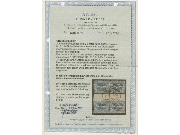 1921, Plebiscite 20 Pfennig kobaltblau, Viererblock mit zwei senkrechten Zwischenstegpaaren, farbfrisch und gut gezähnt, saub