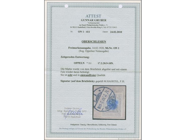 1920, Germania 2 Pfennig gelbgrau, farbfrisch und gut gezähnt, sauber mit Stempel “OPPELN 17.2.20” auf Briefstück (zur Kontro