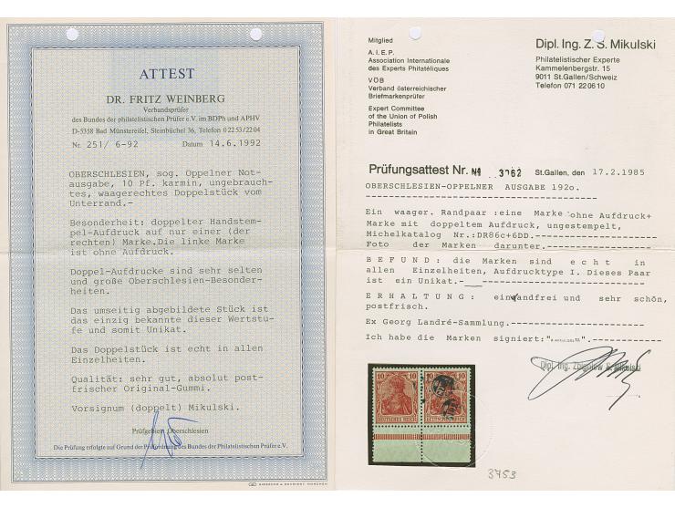 1920, Germania 10 Pfennig rotkarmin, waagerechtes Unterrandpaar, dabei die linke Marke ohne Aufdruck, die rechte Marke mit Do