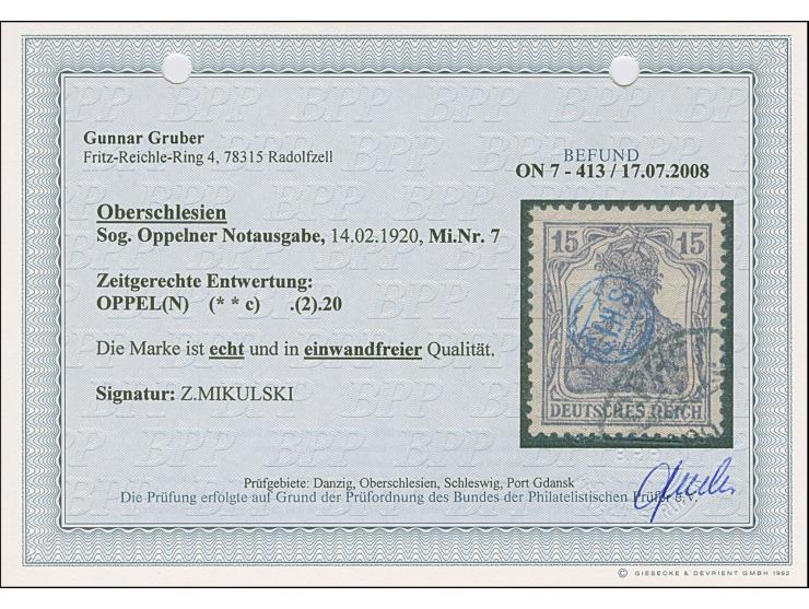 1920, Germania 15 Pfennig schwarzviolett, farbfrisch und gut gezähnt, sauber gestempelt, tadellos, sign. Mikulski und Befund 