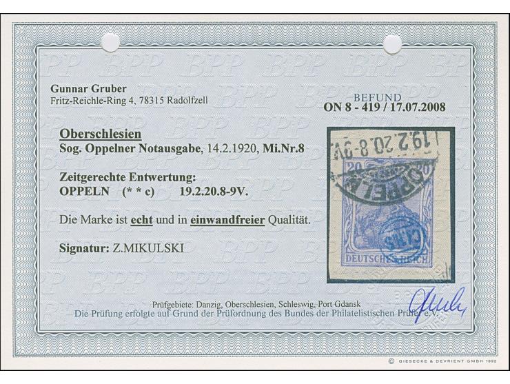 1920, Germania 20 Pfennig dunkelviolettblau, farbfrisch und gut gezähnt, sauber mit Stempel “OPPELN 19.2.20” auf kleinem Brie