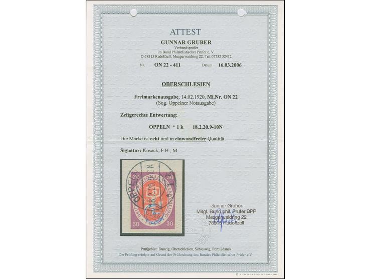 1920, Nationalversammlung 30 Pfennig dunkelrosalila/zinnoberrot, farbfrisch und gut gezähnt, sauber mit Stempel “OPPELN 18.2.