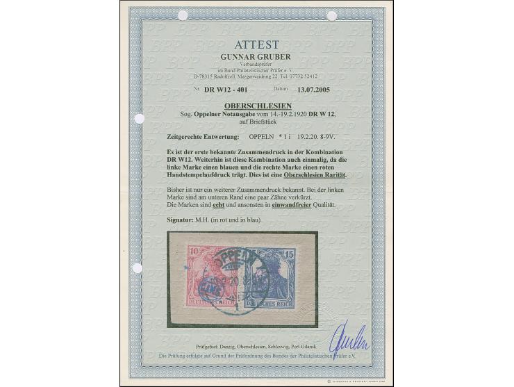 1920, Germania 10+15 Pfennig im waagerechten Zusammendruck, dabei die 10 Pfennig mit blauem und die 15 Pfennig mit rotem Hand