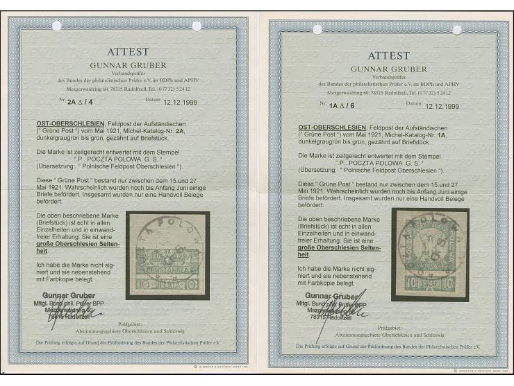 1921, Feldpostmarken graugrün, je farbfrisch und normal gezähnt, sauber mit Stempel auf Briefstück, tadellos, je Fotoattest G