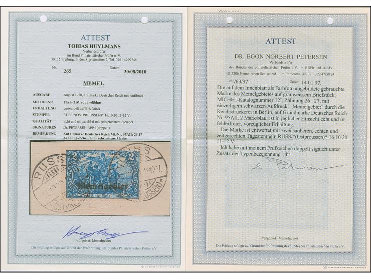 1920, Germania 2 Mark blau, 26:17 statt 25:17 Zähnungslöcher, farbfrisch und gut gezähnt, sauber mit Stempel “RUSS 16.10.20” 