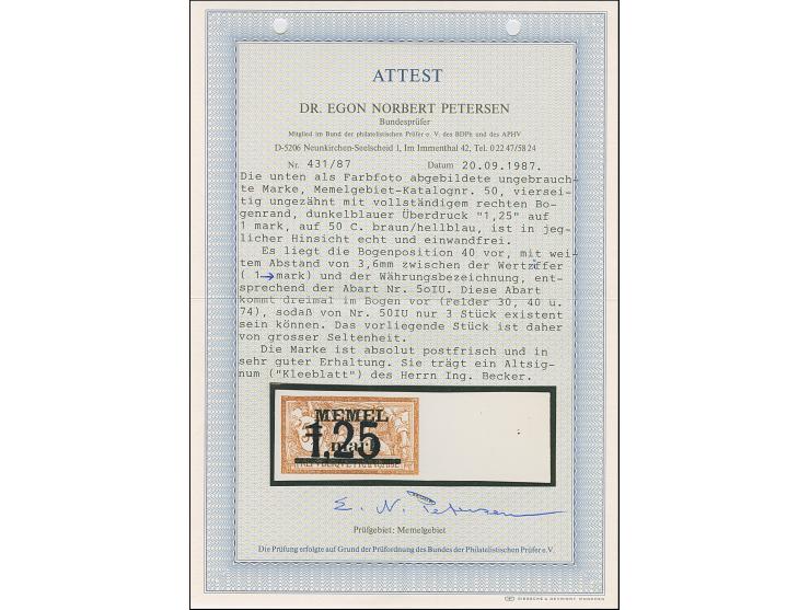 1922, 1,25 auf 1m auf 50 C., farbfrisch und allseits breitrandig ungezähntes rechtes Seitenrandrand von Feld 40, mit Aufdruck