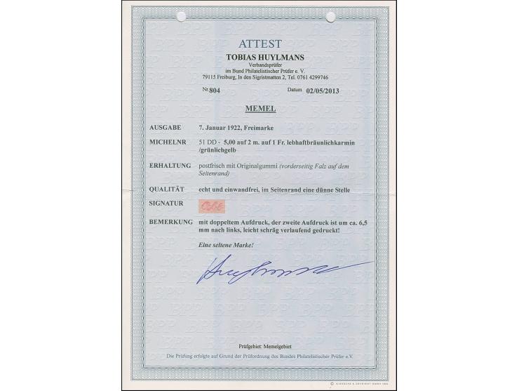 1922, 5,00 auf 2 mark auf 1 Franc, mit klarem um ca. 6,5mm nach links verschobenem Doppelaufdruck, rechtes Seitenrandstück, p