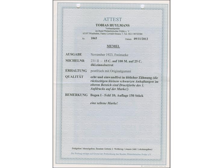 1923, 15 Cent auf 100 Mark. auf 25 Cent dunkelzinnoberrot, Type II, farbfrisch und für diese Ausgabe sehr gut gezähnt, postfr