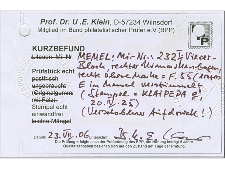 1923, 30 Cent auf 400 Mark. auf 1 Litas braun, Type I, Viererblock mit stark verschobenem Aufdruck, farbfrisch und meist gut 