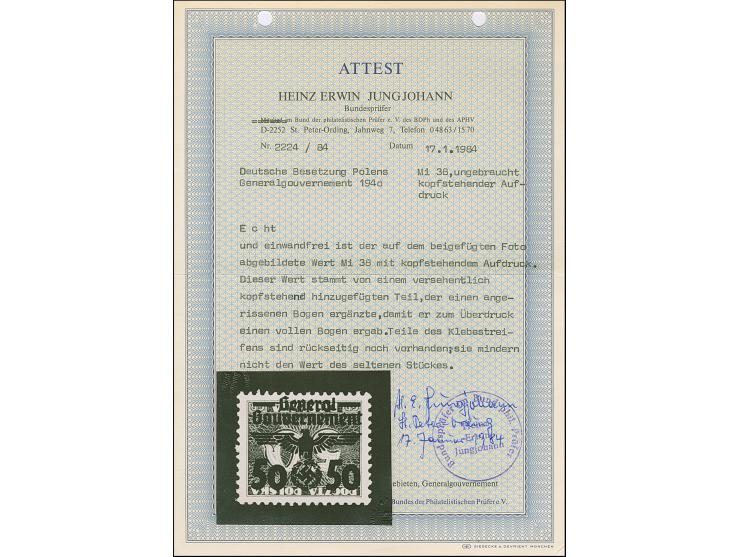 1940, Portomarke 50 Groszy auf 50 Groszy schwärzlichbläulichgrün, mit kopfstehendem Aufdruck, sauber ungebraucht mit den orig