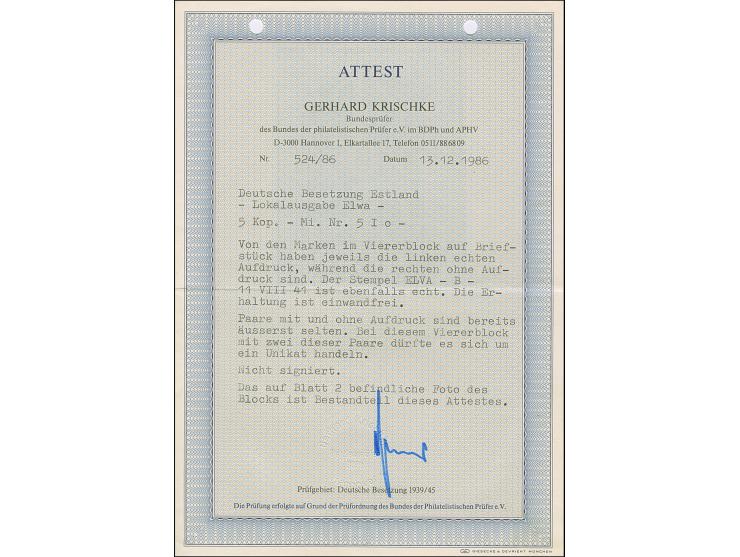 1941, 5 Kopeken bräunlichrot, Viererblock, dabei die rechten Marken ohne Aufdruck, farbfrisch und gut gezähnt, sauber mit Ste