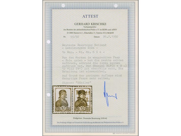 1941, 10 Kopeken dunkelpreußischblau, waagerechtes Paar, dabei die linke Marke ohne Aufdruck, farbfrisch und gut gezähnt, sau