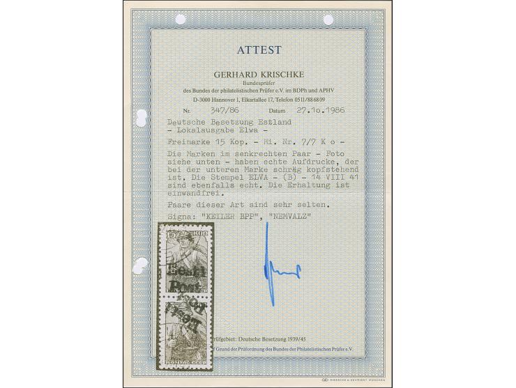 1941, 15 Kopeken dunkelgraugrün, senkrechtes Kehrdruckpaar, die obere Marke mit normalstehendem, die untere Marke mit schräg 