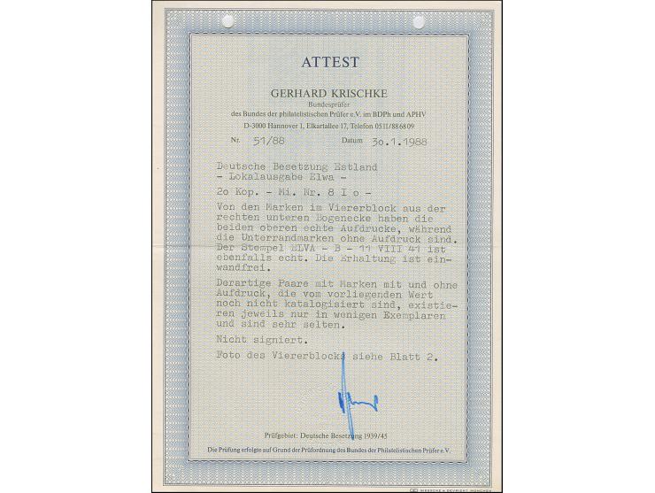 1941, 20 Kopeken schwarzgelbgrün, Viererblock aus der rechten unteren Bogenecke, dabei die unteren Marken ohne Aufdruck, farb