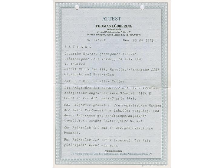 1941, Karelo-Finnische SSR 45 Kopeken dunkelblaugrün, farbfrisch und gut gezähnt, sauber mit Stempel “ELVA 20 VII 41” auf Bri